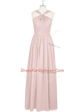 Pink Empire Chiffon Halter Top Sleeveless Pleated Floor Length Zipper Casual Dresses