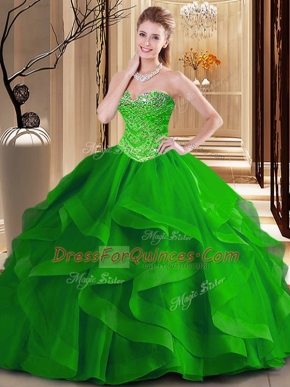 Green 15th Birthday Dress Military Ball and Sweet 16 and Quinceanera and For with Beading and Ruffles Sweetheart Sleeveless Lace Up