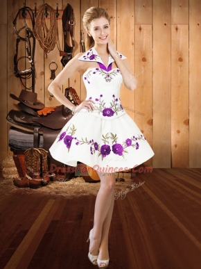 Sexy Sleeveless Mini Length Embroidery Lace Up Dress for Prom with White