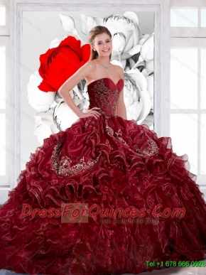 Gorgeous Sweetheart Wine Red 2015 15th Birthday Dresses with Appliques and Ruffles