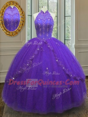 Purple Sleeveless Floor Length Beading and Appliques Lace Up 15th Birthday Dress