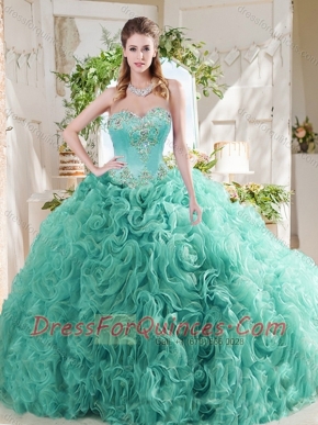 Luxurious Rolling Flower Big Puffy Mint Quinceanera Gown with Beading