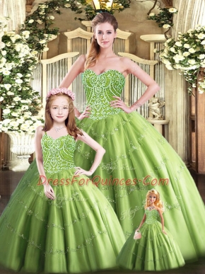 Custom Designed Olive Green Ball Gowns Sweetheart Sleeveless Tulle Floor Length Lace Up Beading Quinceanera Dresses