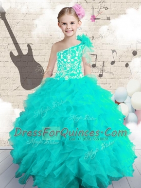 One Shoulder Sleeveless Lace Up Kids Pageant Dress Aqua Blue Organza