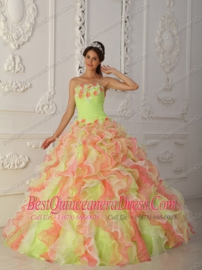 Multi-Color Ball Gown Strapless Floor-length Organza Hand Flowers and Ruffles Quinceanera Dress