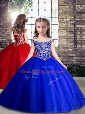 Royal Blue Sleeveless Beading Floor Length Little Girls Pageant Gowns