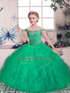 Ball Gowns Kids Pageant Dress Green Off The Shoulder Tulle Sleeveless Floor Length Lace Up