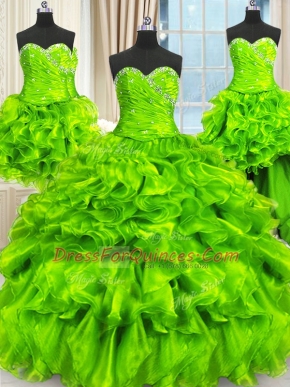 Perfect Four Piece Organza Sleeveless Floor Length Quinceanera Dresses and Beading and Ruffles and Ruching