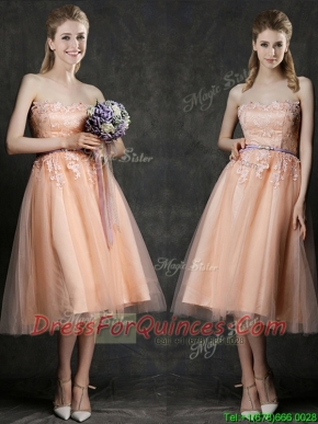 Hot Sale Strapless Peach Dama Dresses with Sashes and Lace