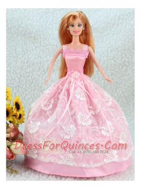 Lovely Baby Pink Ball Gown Straps With Sash and Lace Party Clothes Fashion Dress For Noble Barbie
