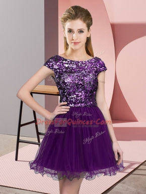 Sexy Dark Purple Tulle Zipper Dama Dress Cap Sleeves Mini Length Sequins