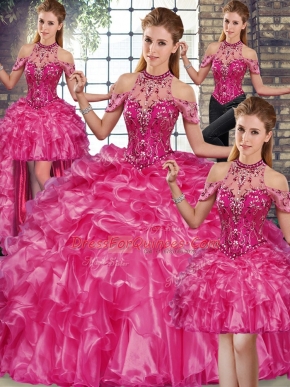 Edgy Fuchsia Halter Top Neckline Beading and Ruffles Vestidos de Quinceanera Sleeveless Lace Up