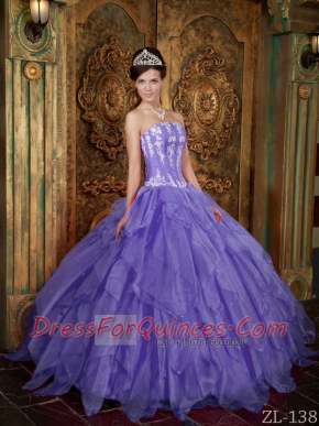 Gorgeous Strapless Appliques Organza Ball Gown Dress with Ruffles In Lavender