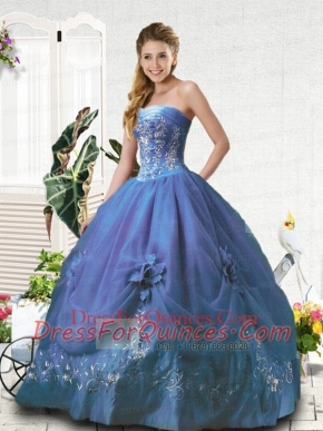 Embroidery Strapless Blue Quinceanera Gown for Girls Party