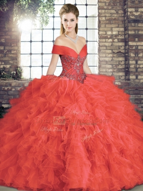 Exquisite Floor Length Lace Up Vestidos de Quinceanera Coral Red for Military Ball and Sweet 16 and Quinceanera with Beading and Ruffles