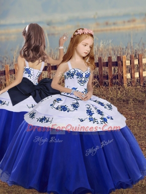 Blue Girls Pageant Dresses Party and Wedding Party with Embroidery Straps Sleeveless Lace Up
