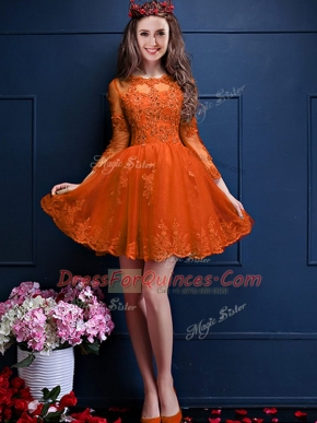 Flare Mini Length Lace Up Dama Dress for Quinceanera Orange Red for Prom and Party with Beading and Lace and Appliques