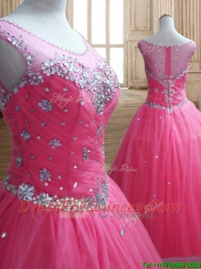 See Through Scoop Rose Pink Quinceanera Dress with Beading
