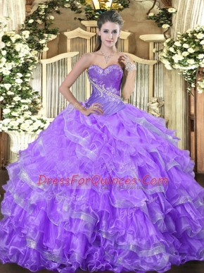 Perfect Floor Length Lace Up Sweet 16 Dresses Lavender for Military Ball and Sweet 16 and Quinceanera with Beading and Ruffled Layers