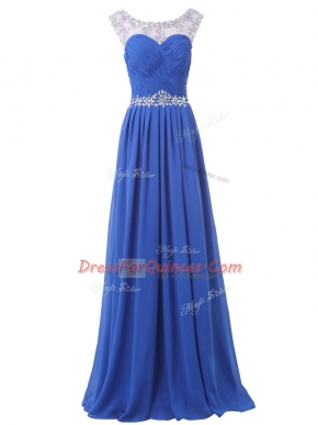 Deluxe Scoop Sleeveless Sweep Train Side Zipper Prom Dresses Blue Chiffon