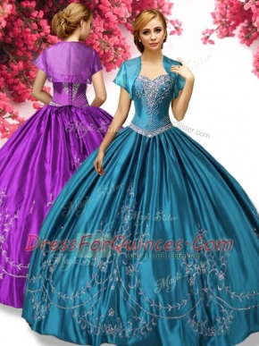 Teal Ball Gowns Taffeta Sweetheart Sleeveless Beading and Embroidery Floor Length Lace Up Quinceanera Gown