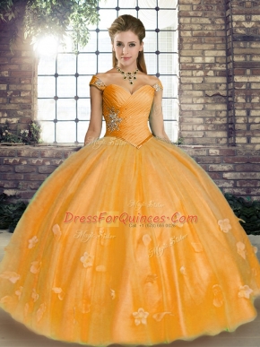 Orange Ball Gowns Beading and Appliques Ball Gown Prom Dress Lace Up Tulle Sleeveless Floor Length