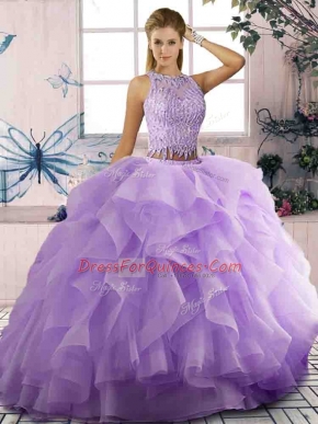 Lavender Sleeveless Floor Length Beading and Ruffles Zipper Quinceanera Dresses