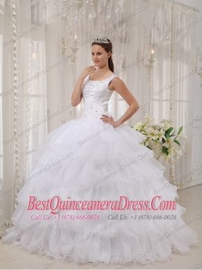 White Ball Gown Scoop Floor-length Satin and Organza Appliques Quinceanera Dress