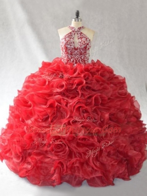Fashionable Halter Top Sleeveless Sweet 16 Dress Brush Train Beading and Ruffles Red Organza