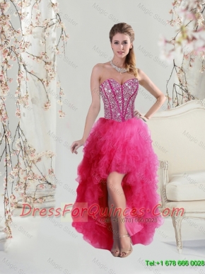 Elegant High Low Sweetheart Beaded and Ruffles Prom Dresses in Hot Pink