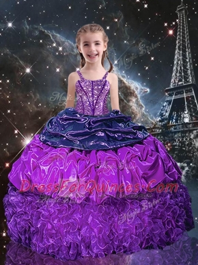Suitable Eggplant Purple Ball Gowns Spaghetti Straps Sleeveless Organza Floor Length Lace Up Beading and Ruffles and Pick Ups Toddler Flower Girl Dress