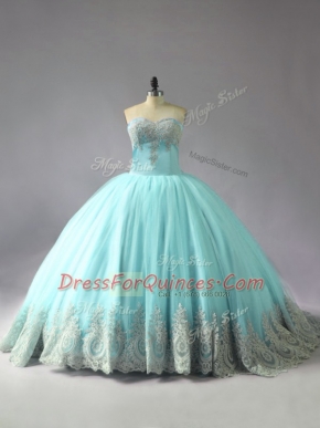 Stunning Sweetheart Sleeveless Quince Ball Gowns Court Train Appliques Blue Tulle