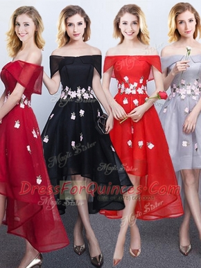 Latest Off the Shoulder High Low A-line Sleeveless Black and Red and Grey Dama Dress for Quinceanera Lace Up