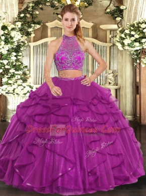Inexpensive Fuchsia Halter Top Neckline Beading and Ruffled Layers 15 Quinceanera Dress Sleeveless Criss Cross