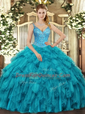 On Sale Organza Sleeveless Floor Length Sweet 16 Dresses and Beading and Ruffles