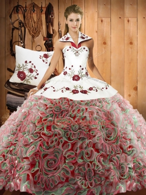 Sleeveless Embroidery Lace Up Sweet 16 Dress with Multi-color Sweep Train
