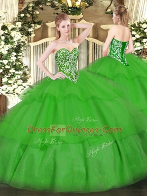 Exquisite Green Sleeveless Beading and Ruffled Layers Floor Length 15th Birthday Dress