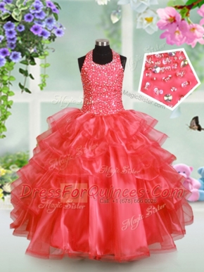 Adorable Ruffled Floor Length Watermelon Red Little Girl Pageant Dress Halter Top Sleeveless Lace Up