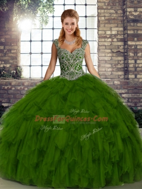 Artistic Floor Length Olive Green Vestidos de Quinceanera Straps Sleeveless Lace Up