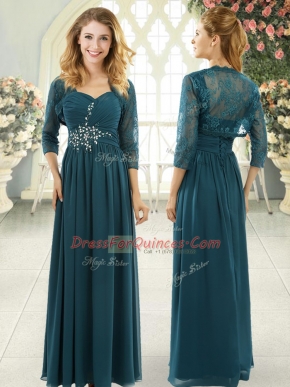 Chiffon Sweetheart Short Sleeves Sweep Train Zipper Beading and Ruching Custom Made in Teal
