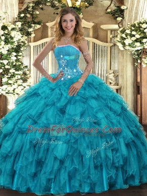 Elegant Teal Ball Gowns Organza Strapless Sleeveless Beading and Ruffles Floor Length Lace Up 15th Birthday Dress