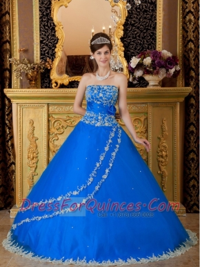 Cute Discount Blue Ball Gown Strapless With Tulle Lace Appliques Quinceanera Dress