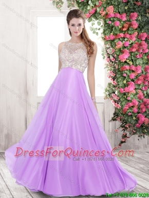 Pretty Bateau Open Back Brush Train Prom Dresses in Lilac