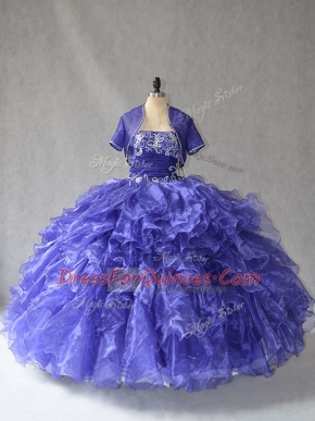 Fantastic Blue Lace Up Strapless Beading and Ruffles Quinceanera Dress Organza Sleeveless