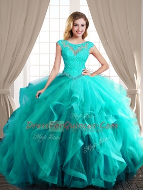 Scoop Turquoise Ball Gowns Beading and Appliques and Ruffles Quinceanera Dress Lace Up Tulle Cap Sleeves With Train