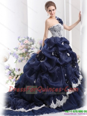 Best 2015 One Shoulder Ruffles Quinceanera Dresses with Hand Made Flowers and Pick Ups