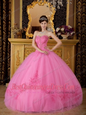 Rose Pink Ball Gown Sweetheart Floor-length Tulle Appliques Quinceanera Dress