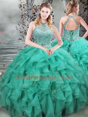 Dramatic Turquoise Organza Lace Up Scoop Sleeveless Ball Gown Prom Dress Brush Train Beading and Ruffles