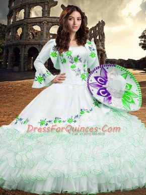 Dazzling White Sweet 16 Quinceanera Dress Military Ball and Sweet 16 and Quinceanera with Embroidery and Ruffled Layers Square Long Sleeves Lace Up
