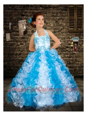 Elegant Blue Halter Top Ball Gown 2014 Little Girl Pageant Dress with Beading